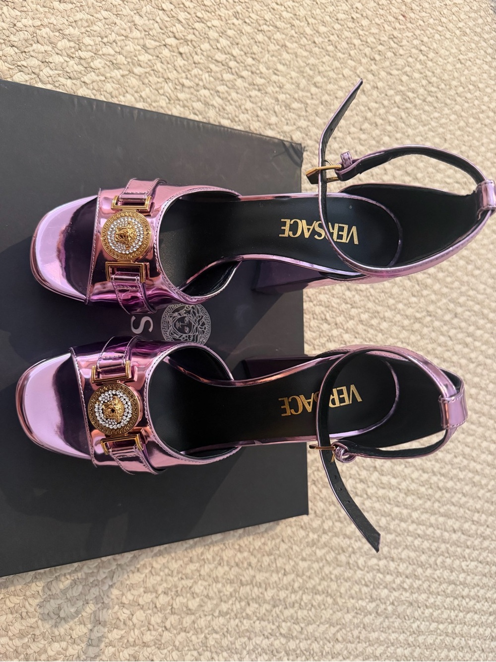 Versace Metallic Pink Platform Ankle-Strap Heels with Gold Medusa Detail - Picture 2 of 2